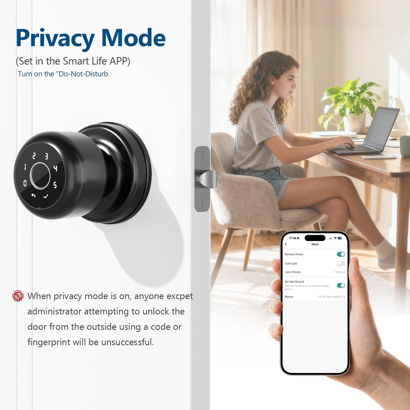 Vanzbon Fingerprint Door Lock for Bedrooms, 4 in 1 Smart