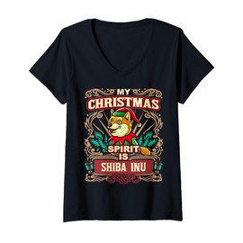 Womens Shiba Inu My Christmas Spirit Dog Santa Claus Elf Gnome V-Neck T-Shirt