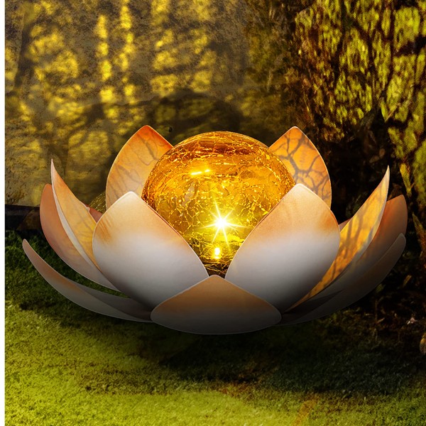 Huaxu Solar Powered Garden Lights, Outdoor Decorative Lotus Light, Art Cracked Glass Ball Metal Waterproof Solar Garden Light for Pathway, Lawn, Patio, Yard
