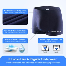 Incontinence Underwear for Men Washable Mens Incontinence Underwear Reusable Modal Seamless Mens Urinary Incontinence Boxer Briefs Underwear with Front Absorbent Area, 2 Pack (Blue, Large)