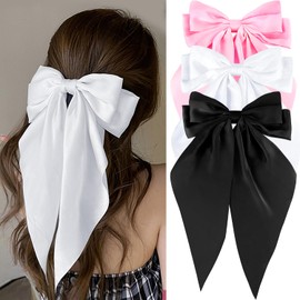 ARBEYOOU Hair Bows for Women White Silky Satin Hair Ribbon Hair Barrettes Black Oversized Long Tail Hair Bows Pink Cute Aesthetic Coquette Hair Accessories Preppy Teen Girl Gifts Trendy Stuff