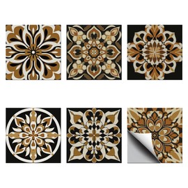CHGCRAFT 36 Pcs 6 Styles Brown Mandala Peel and Stick Wallpaper Stick on Wallpaper Self Adhesive Tile Stickers Used for Kitchen Bathroom Bedroom Wall Fireplace Floor Decoration 3.9x3.9 Inch