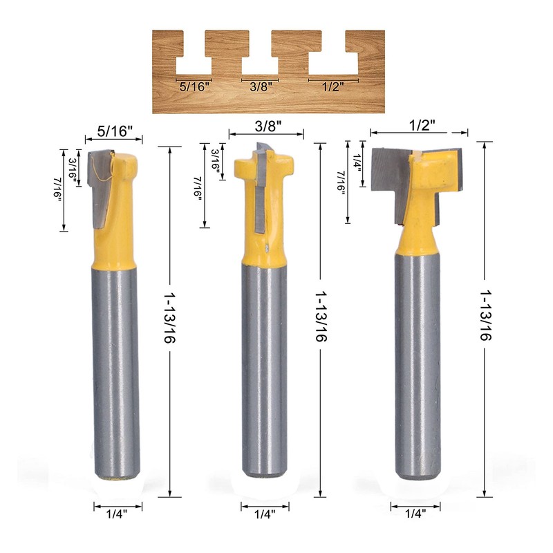 3Pcs Keyhole Router Bits Set 1/4in Shank T Slot Routers