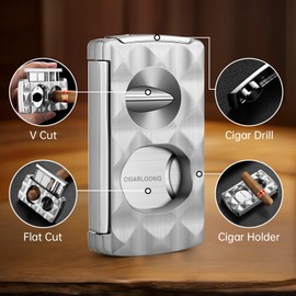 Cigar Cutter Stainless Steel Multifunctional 4-in-1,Cigar V-Cutter Double Blade Guillotine,Straight Cut&V-Cutter with Cigar Punch, Cigar Holder, Gift for Men (Black)