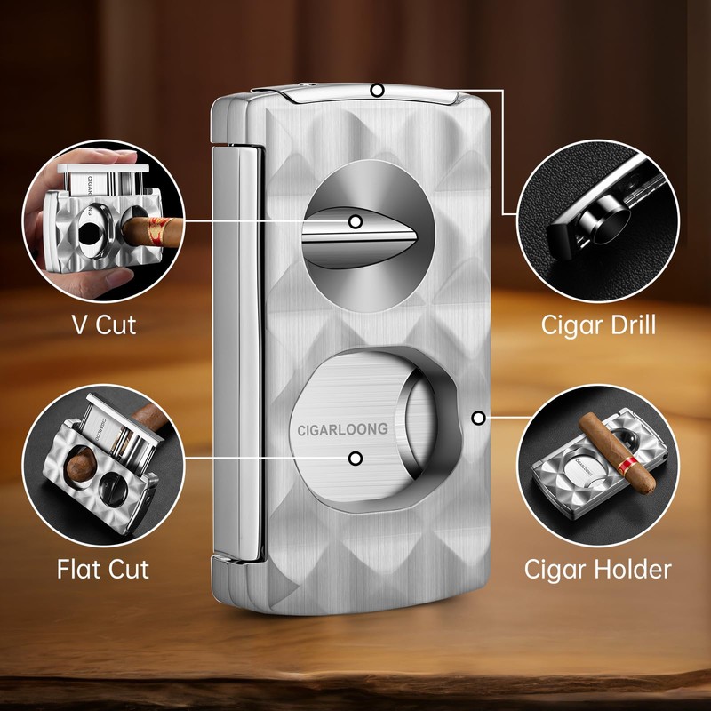 Cigar Cutter Stainless Steel Multifunctional 4-in-1,Cigar V-Cutter Double Blade Guillotine,Straight