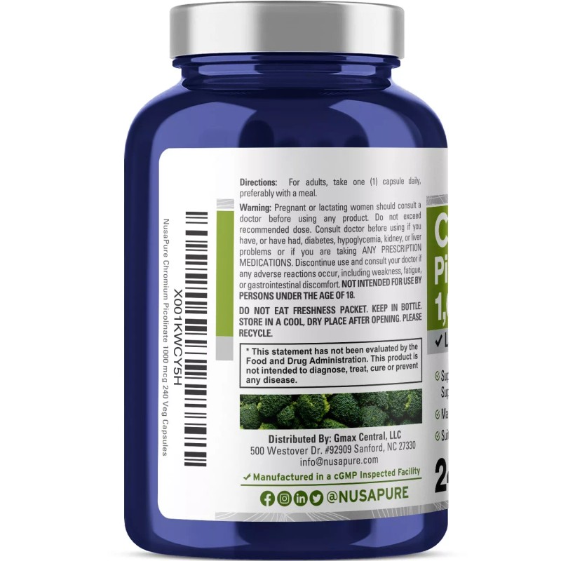 NusaPure Chromium Picolinate 1000mcg 240 Veggie Capsules (Non-GMO & Gluten