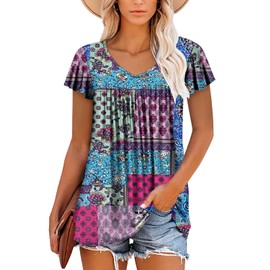 Womens Ruffle Short Sleeve Tunic Tops V Neck Loose Fit Flowy Blue Blocks Summer Tops S