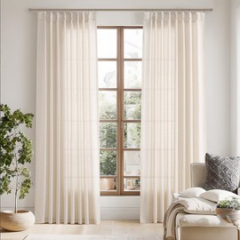 Joywell Pinch Pleat Linen Curtains 90 Inches Long Cream Beige Semi Sheer Curtains for Living Room Long Pleated Drapes Custom Light Filtering Flax Thick Linen Textured Curtains 90 Inch Length 2 Panels