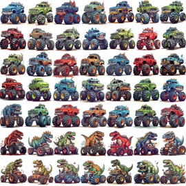 50 PCS 3D Monster Truck Temporary Tattoo for Kids Boys Girls, Race Car T-Rex Dinosaur Temp Bulk Waterproof Fake Tattoo Stickers Body Face Arm, Party Favor Basket Goodie Bags Stuffers Essentials Gifts