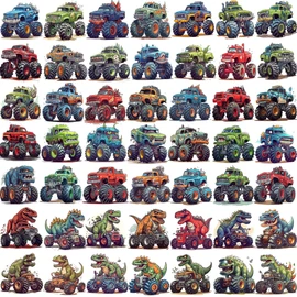 50 PCS 3D Monster Truck Temporary Tattoo for Kids Boys Girls, Race Car T-Rex Dinosaur Temp Bulk Waterproof Fake Tattoo Stickers Body Face Arm, Party Favor Basket Goodie Bags Stuffers Essentials Gifts