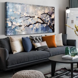 CIRABKY Plum Blossom Tree Wall Art - Blue Wall Decor - Asian Wall Art for Living Room Large Size Bedroom Office Pictures Size 30" x 60"