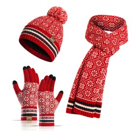 INSISMY Hat Scarf Gloves Set Women's Beanie Hat Long Scarf Thermal Touch Screen Gloves Set 3 PCS Soft Warm Winter Knitted Snowflake Pattern Retro Pom Cap Set for Ladies Men