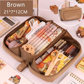 Grurun Big Capacity Pencil Case 3 Compartments Large Pencil Pouch Pen Bag Pencil Box Holder Organizer Simple Storage Aesthetic Stationery Cosmetic Bag (Brown)