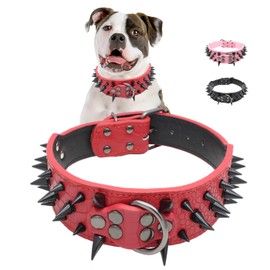 Spiked Dog Collar, Sharp Spike Studded Anti-Bite Protect Pets Neck Adjustable for Medium Large Breed Dogs as Mastiff Pitbull Pug Bulldog, Black Rivets 2-Inch Wide Red 19-22"