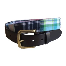 No27 Mens Pink Plaid Leather Belt, Leather Tab and Buckle, Multi Color Plaid Fabric and Leather Belt