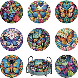 8 Pcs Butterfly Diamond Art Coasters Kits with Holder, DIY Butterfly Diamond Painting Coasters Mosaic Kits for Adults, Round Non Slip Coaster Crafts for Tabletop Protection and Gifts