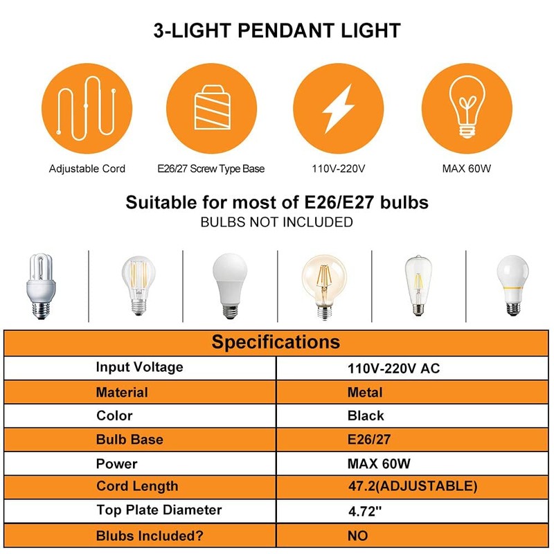 Vintage Pendant Light Fitting, Industrial Modern 3-Light Ceiling Pendant Lighting