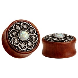 KUBOOZ(1 Pair) Vintage Wood Opal Center Flower Ear Plugs Tunnels Gauges Stretcher Piercings