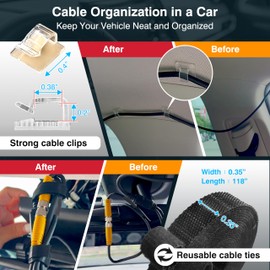 Dash Cam Cable Management Kit – Auto Trim Tool, 20 Clips Made with 3M Adhesive, 9.8 ft Reusable Cable Ties, 20" Sleeve, Adhesive Foam Sheets, Premium Cleaning Cloth – Compatible Car Wire Organizer