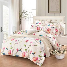 Wake In Cloud - Floral Duvet Cover Set Twin, 100% Soft Cotton Bedding, Birds and Flowers Botanical Pattern Printed, with Zipper Closure (3pcs, Twin Size)