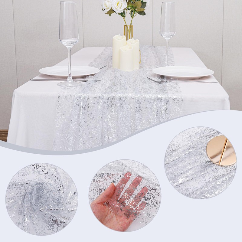 6PCS Silver Table Runner 10Ft Sheer Chiffon Fabric Cheesecloth Sequin