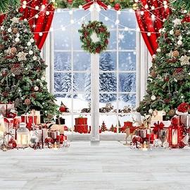 LYCGS 10X10ft Christmas Backdrop Winter Snow Scene Backdrop for Photography Christmas Window Background Xmas Tree & Party Decoration Banner X-171
