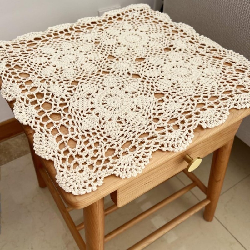 Yizunnu Vintage Hand Crochet Lace Doily Square Cotton Table Cover