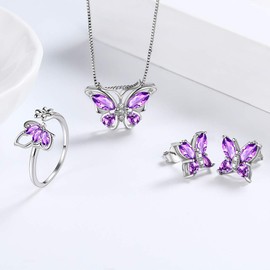 Aurora Tears Butterfly Necklace/Earrings/Rings Set February Birthstone Purple Amethyst Jewelry Set Animals Jewelry Gift for Women and Girls DS0039P