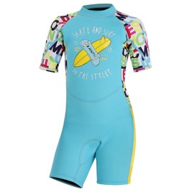 DIVE & SAIL Traje de baño corto de una pieza para niños, traje de buceo cálido, protección UV, estampado de 2,5 mm, color azul