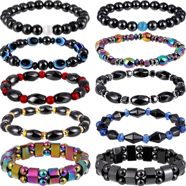 Hicarer 10 Pieces Magnetic Hematite Bracelets for Men Women Magnetic Bracelet Rock Beads Stone Bracelet,10 Styles