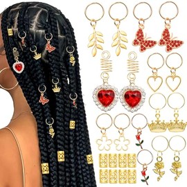 24PCS Hair Jewelry for Braids Red Heart Butterfly Hair Charms Valentine's Day Loc Jewelry Flower Braids Accessories Gold Hair Cuffs Decoration for Wom