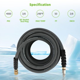 50ft Pressure Washer Hose 4000psi 3/8 Inch Gray With Couplers Kink Free Replacement Hybrid Flexible Outdoor Hose for Electric or Gas Power Washer