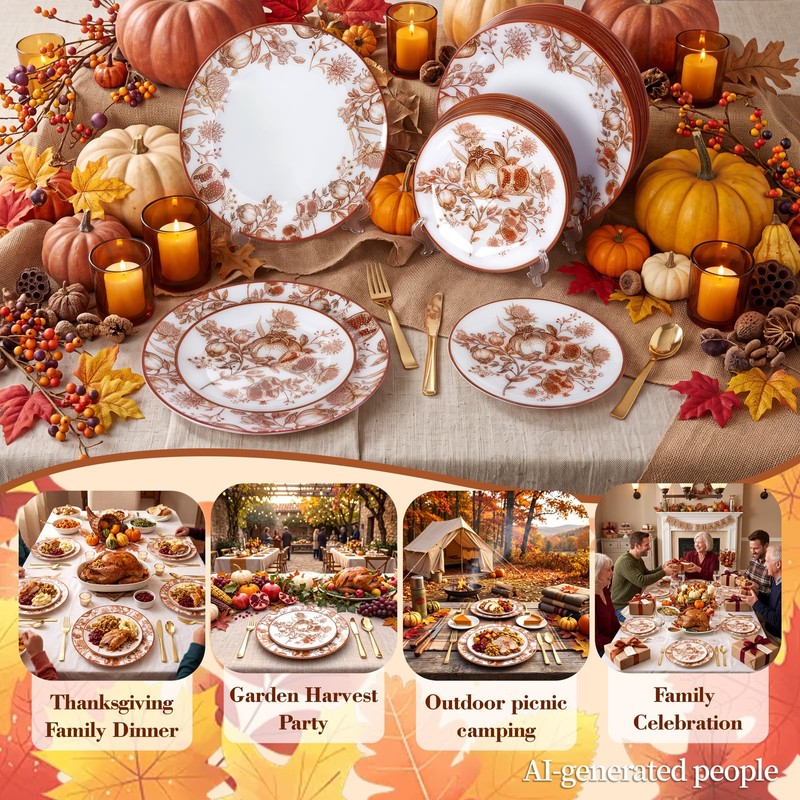 125PCS Thanksgiving Plastic Plates Pomegranate Design for Fall Party