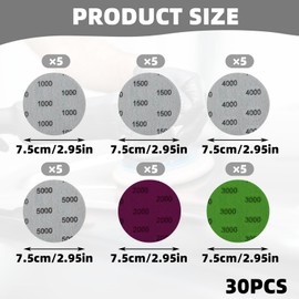 HANIUTTY Sandpaper 75 mm Velcro, 30 Pieces Wet and Dry Sanding Discs Wet Sandpaper Set Grit 1000/1500/2000/3000/4000/5000 Round Without Hole Round Sandpaper for Car Metal Wood