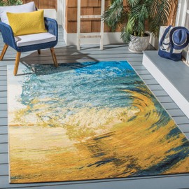 Safavieh Barbados Collection BAR510M Tropical Wave Indoor/ Outdoor Area Rug, 4' x 6', Blue / Gold