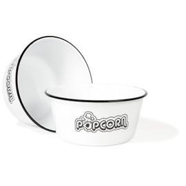 Red Co. Set of 2 Extra Large Enamelware Metal Classic 4 Quart Mixing & Serving Popcorn Bowls, White/Black Rim