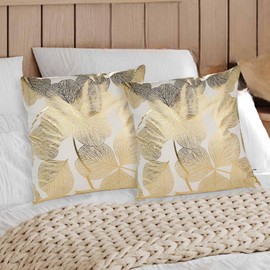 Betadistor Set of 2 Cushion Covers Decor Velvet Throw Pillow Covers Gold Leaves Decorative Pillow Cases Cushion Cover for Couch Bedroom Sofa Car Home Living Room Decor 45x45cm, Gold Leaf, 524-0529