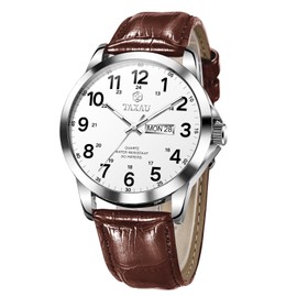 Taxau Waterproof Watches Men's Gentleman Men's Watch Business Leisure Men's Watches Luxury Watch Arabic Numerals Men's Watch with Date and Day Display Watches for Men, Brown leather strap, white