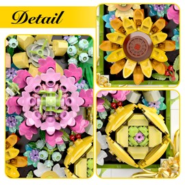 Under the Baubles Flowers Frame - Roses Sunflowers Lotus Art Frames - Floral Building Toys - 492 PCS Artificial Faux Flowers Set - Great Gift Idea For 8 Plus Year Old Girls, Boys, Educiro