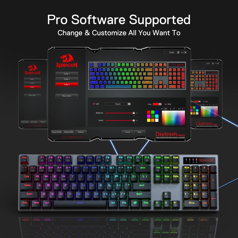 Redragon K556 PRO Upgraded Wireless RGB Gaming Keyboard, BT/2.4Ghz Tri-Mode