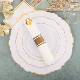 Liacere 350PCS Gold Plastic Plates - Disposable White and Gold Plates include 100Plates, 50Pack Pre Rolled Napkins with Silverware 50Cups Perfect for Wedding & Party