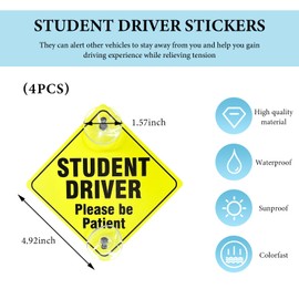JUSTTOP 4 PCS Student Driver Sticker for Car Window, 5''×5'' Please Be Patient Safety Car Signs with Suction Cups, Reflective Student Driver Vehicle Bumper Sticker for Beginner Rookie