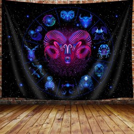 Aries Tapestry, Constellation Neon Tapestry Wall Hanging for Bedroom, Black Light Tarot Witchy Aesthetic Tapestries Poster Beach Blanket College Dorm Home Decor 60X40Inches