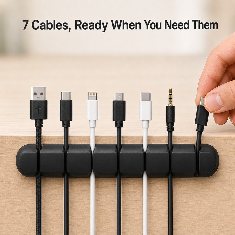 5-Pack 7-Port Silicone Cable Organizers, Desktop Cord Holders for USB