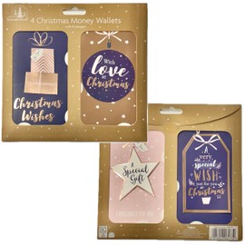 BG Festive (B8473) Christmas Money Wallets Xmas for Cash Gifts & Envelopes, Blue, Pink & Metallic Rose - Pack of 4