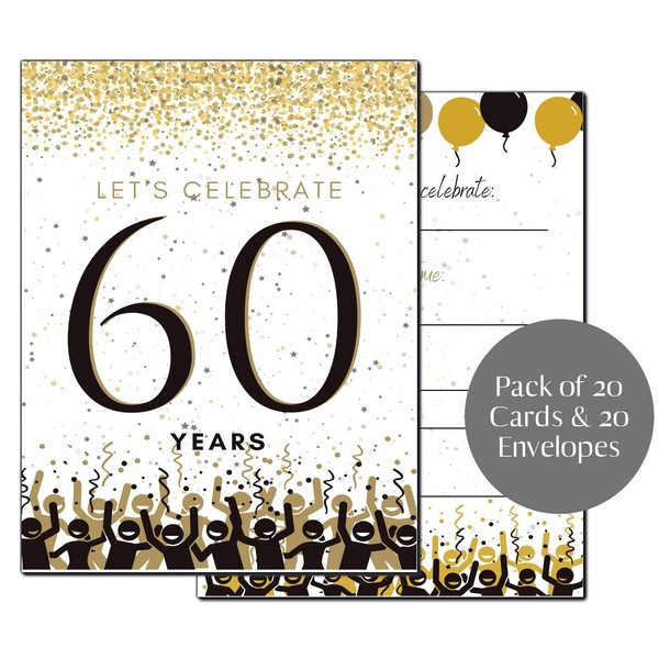 Elcer 60th Birthday Party Invitations Years celebration Happy Anniversary 5 x 7 Black & Gold Invitations Fill In Style 20 Count with Envelopes You're Invited Surprise Party (White)