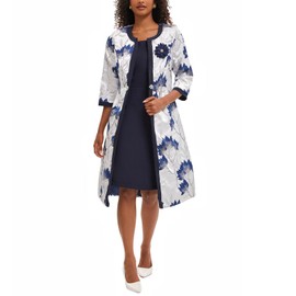 Women's Elegant 2 Piece Dress Church Suits with Exquisite Jacquard Embroidery Long Jacket for Wedding Party Evening Dress Blue