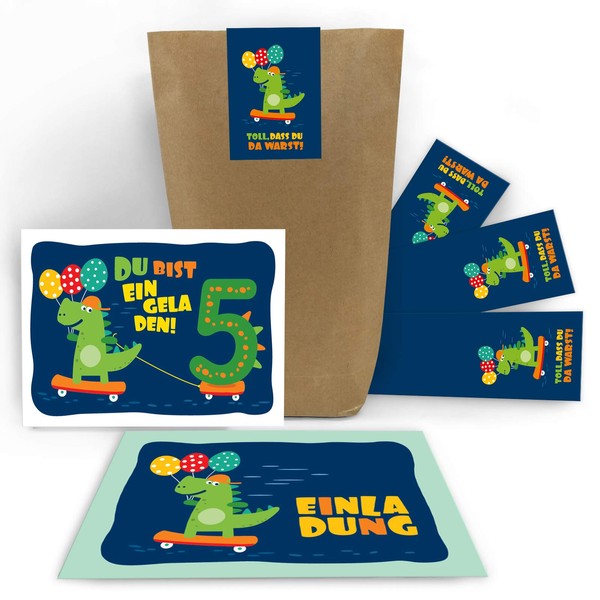 8 Invitation Cards for 5th Children's Birthday Boys Girls Dinosaur