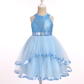 OBEEII Pageant Dress for Toddler Girls Sequins Tulle Tutu Dress Princess Birthday Party Photoshoot Dress Sparkle Glitters Wedding Flower Girl Dress Kids Baptism Formal Prom Ball Gown Blue 3-4 T