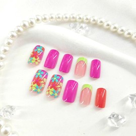 Square Press on Nails Medium Fake Nails with Colorful Flower Designs Full Cover Nails Press ons Glossy Glue on Nails French Tip False Nails Pink Acrylic Nails Green Stick on Nails for Women 24Pcs